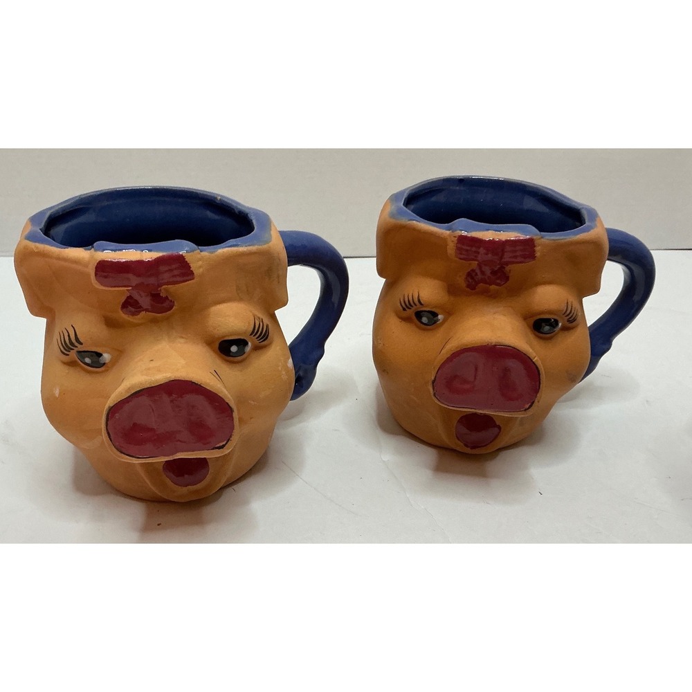 Vintage Pig Face Coffee Mugs Set of 2 Terracotta Blue Glaze Kitsch